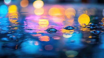 Colorful city lights reflected in wet pavement