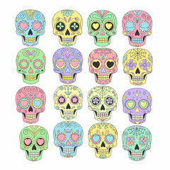 Sixteen PastelColored Sugar Skulls with Floral Designs and Hearts.