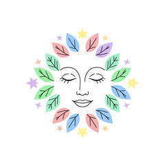 Stylized Face with Closed Eyes Surrounded by Colorful Leaves and Stars.