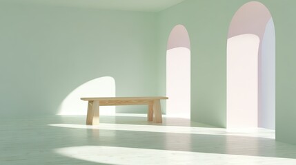 Minimalist empty room with wooden table and arched light shadows