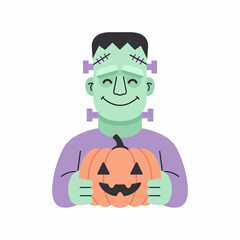 Cheerful Frankenstein Character Holding a Carved Halloween Pumpkin.