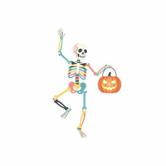 Colorful Dancing Skeleton with Halloween Pumpkin.