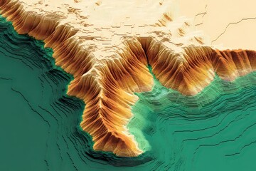 Digital Terrain Map Image With Earth Tones And Teal Water
