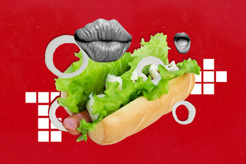 Sketch image trend artwork montage 3D photo collage of sausage sandwich bread salad mouth kiss...