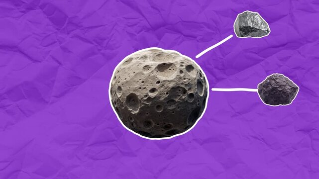 Visualization of useful resources from an asteroid. Concept of space resources. Empty space for text. Stop motion animation on purple paper background