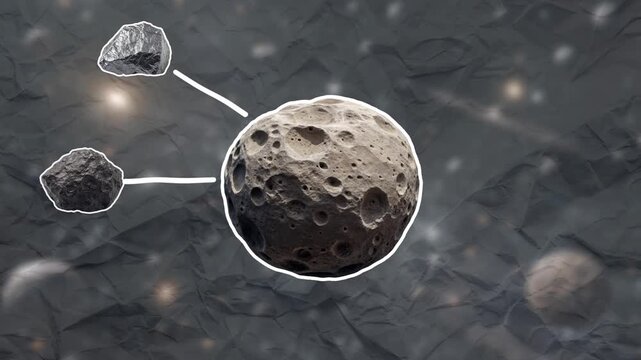 Visualization of useful resources from an asteroid. Concept of space resources. Empty space for text. Smooth animation on color paper background