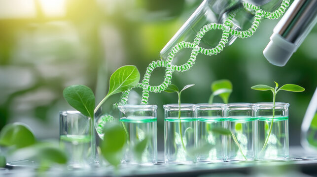 Modern biotechnology laboratory with DNA helix and young green sprout symbolizing scientific innovation, sustainable growth, and future discoveries in genetics and medicine, banner with copy space