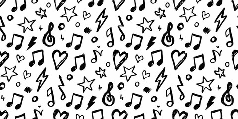 Hand Drawn Music Notes Hearts Stars and Lightning Bolts Seamless Pattern