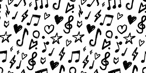 Hand Drawn Music Notes Hearts Stars and Lightning Bolts Seamless Pattern