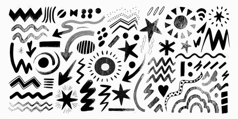 Collection of hand drawn doodle elements abstract shapes stars arrows and lines