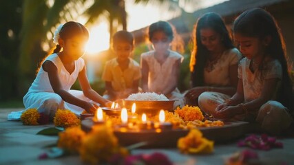 Children celebrate Sinhalese or Tamil New Year in Sri Lanka, sitting around a traditional setup with flowers and candles, enjoying the festive atmosphere during sunset. Diwali, Indian ritual