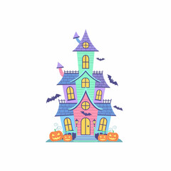 PastelColored Haunted House with Carved Pumpkins and Bats.