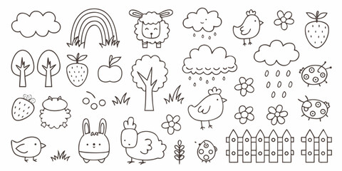 Cute Spring Doodle Set with Animals and Nature Elements in Line Art