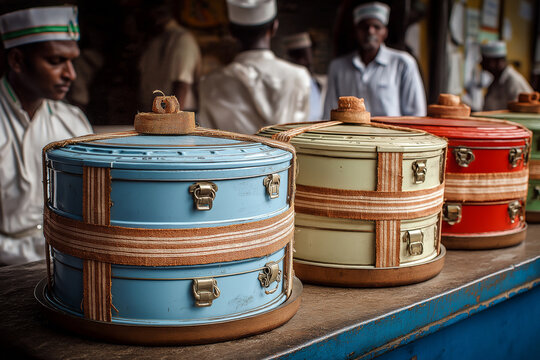 Display of neatly packed tiffins ready for delivery in the iconic Mumbai dabbawala system.