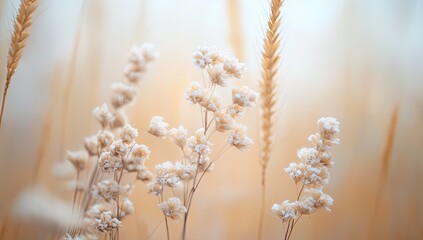 Pastel-toned dried flowers amongst wheat stalks