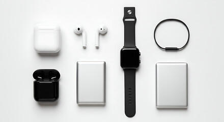 modern minimalist tech essentials on a white background, featuring wireless earbuds in black and white cases, a sleek smartwatch, and silver and white power banks