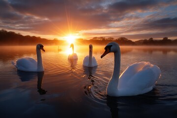 Graceful swans gliding on calm water at sunrise near peaceful lake setting
