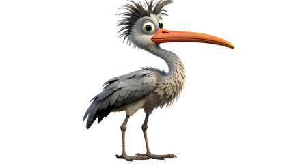 Obraz premium 3d cartoon illustration of heron like bird with long beak and colorful feathers isolated on white background