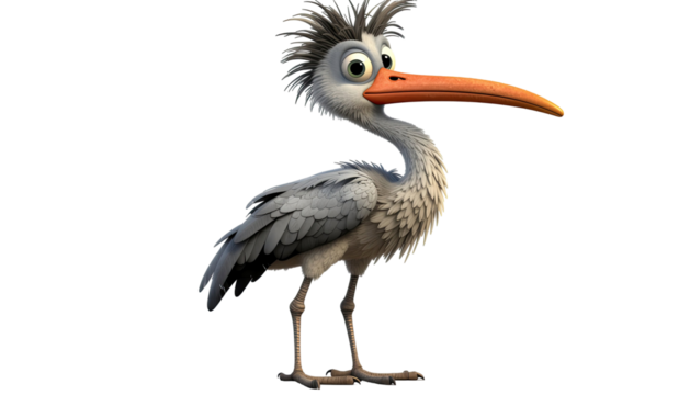 3d cartoon illustration of heron like bird with long beak and colorful feathers isolated on white background