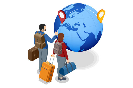 Isometric couple with luggage planning migration route on globe. Concept of work abroad, relocation, travel, international job opportunities. Migrants with luggage moving abroad for work opportunities