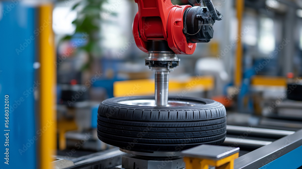 Poster an automated tire mounting and balancing system is part of a vehicle's final assembly. a robotic arm