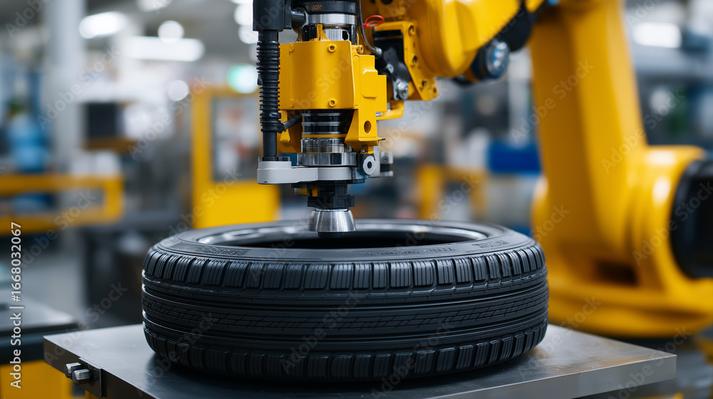 Poster an automated tire mounting and balancing system is part of a vehicle's final assembly. a robotic arm