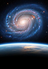 Spiral galaxy above a planet