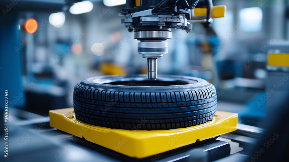 Aufkleber an automated tire mounting and balancing system is part of a vehicle's final assembly. a robotic arm