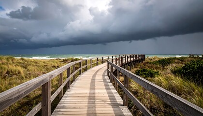 Fototapeta premium Wooden walkway leading to the beach under a stormy sky (1)