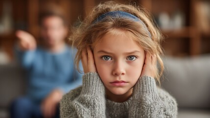 A young Caucasian girl with blonde hair and blue eyes covers her ears, looking distressed. A man is visible in the background, appearing upset.