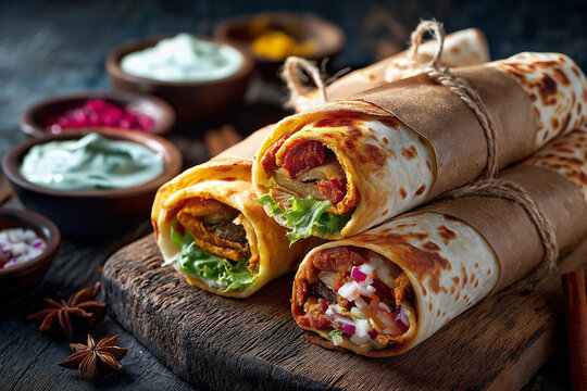 Traditional Bengali kathi rolls being wrapped in paper with generous fillings and sauces.