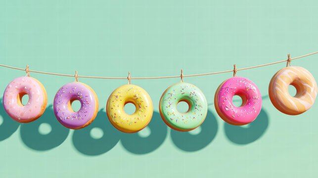 Colorful sprinkled donuts with clothespins on light green for bakery menu display.