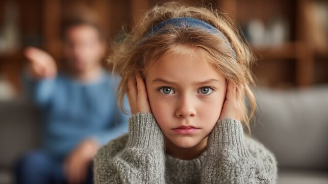A young Caucasian girl with blonde hair and blue eyes covers her ears, looking distressed. A man is visible in the background, appearing upset.