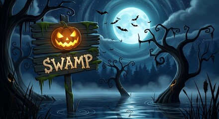 Halloween Swamp Moonlight, Pumpkin, and Bats in the Still Water