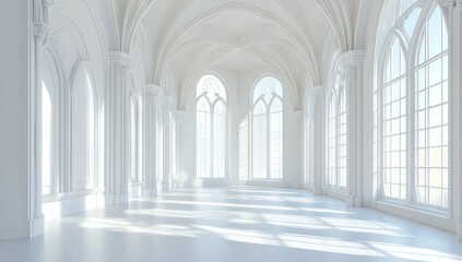 Grand, white cathedral hall, bathed in light