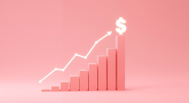 Business graph with dollar sybmbol, climbing business staircase made of profit bars in a glowing pastel scane