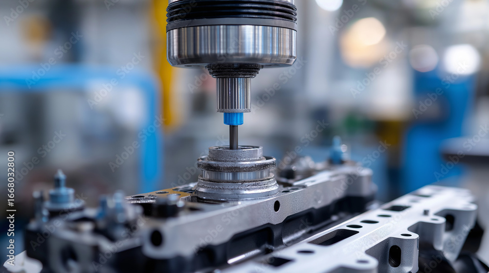 Poster an engine assembly line features precision torque control systems and automated component installati