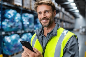 Warehouse worker smiles while using smartphone in distribution center