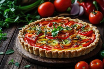 Freshly baked tomato and bell pepper tart on wooden board