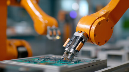 An automotive electronics assembly line produces control modules and infotainment systems. The high-tech component manufacturing for modern vehicles is shown with robotic arms 