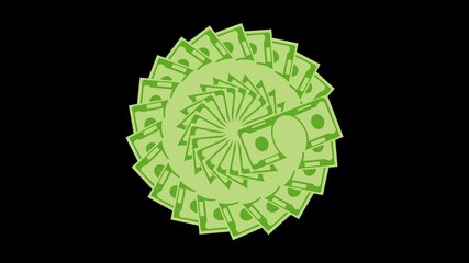 Money animated video element. Fan of money opens Falling  money and harsh overlay looping business animated Currency strap of banknotes are stacked in a large pile.
