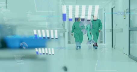 Surgical team walking corridor initiating data overlays intensifying then fading to operating room - Powered by Adobe