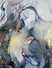 Abstract blue background with gold — fluid art texture made with alcohol ink and golden potal. Blue with purple natural art backdrop resembles marble or abstract aquarelle sea, ocean, water, splash.