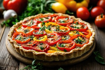 Fresh vegetable tart on rustic board