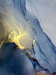 Abstract blue background with gold — fluid art texture made with alcohol ink and golden potal. Blue with purple natural art backdrop resembles marble or abstract aquarelle sea, ocean, water, splash.