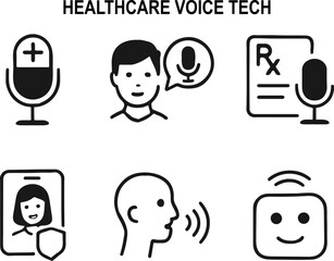 Healthcare Voice Technology Line Icons &ndash; Doctor Dictation, Patient Voice Notes, Prescription by Voice, Telehealth Call, Voice Symptom Checker, AI Medical Assistant