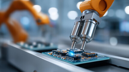 An automotive electronics assembly line produces control modules and infotainment systems. The high-tech component manufacturing for modern vehicles is shown with robotic arms 