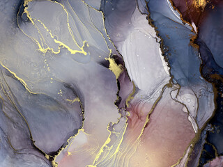 Abstract blue background with gold — fluid art texture made with alcohol ink and golden potal. Blue with purple natural art backdrop resembles marble or abstract aquarelle sea, ocean, water, splash.