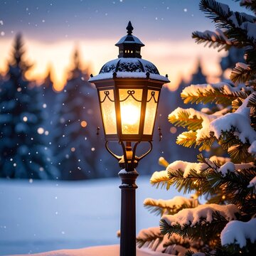 Illuminated lamppost, winter sunset, snowy scene