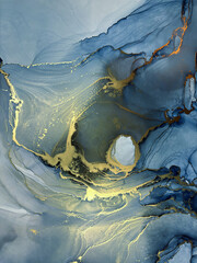 Abstract blue background with gold — fluid art texture made with alcohol ink and golden potal. Blue with purple natural art backdrop resembles marble or abstract aquarelle sea, ocean, water, splash.